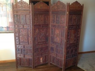 Vintage Ornate Solid Wood Asian Hand Carved 4 Panel Room Divider 80 