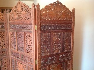 Vintage Ornate Solid Wood Asian Hand Carved 4 Panel Room Divider 80 