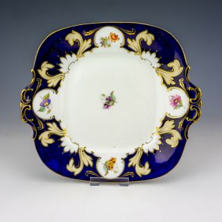 Antique English Porcelain - Flower Painted Plate With Gilded Cobalt Blue Borders