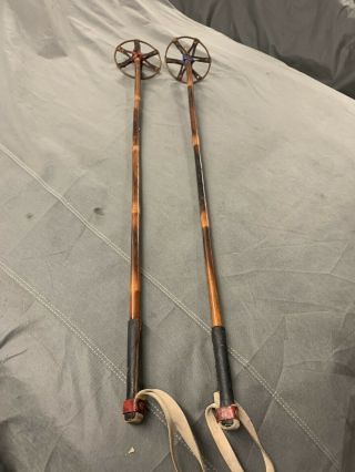 Vintage Antique Bamboo Ski Poles 48 " Leather Grips And Straps