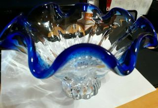 " Rare " Large Cobalt Blue Cut To Clear Swirled Shannon Crystal Bowl