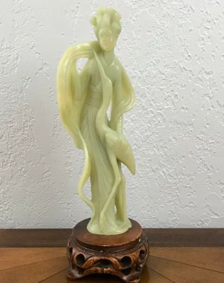 Antique Chinese 12” Hand Carved Jade/soapstone Figure On Wood Base