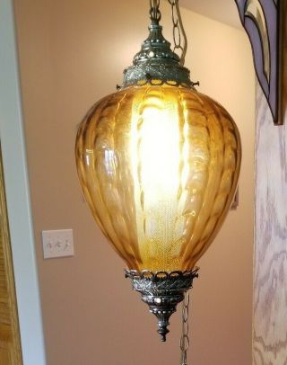 1960 Antique Vintage Swag Lamp Amber Hanging Lamp Brass Chain Electric