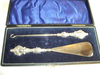 Antique Hallmarked Silver Boxed Shoe Horn And Button Hook.