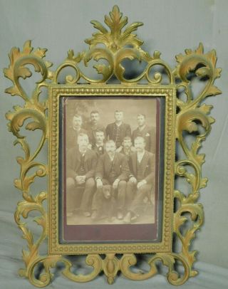 Antique Cabinet Card Photograph 9 Men Suits Dog Ornate Cast Iron Picture Frame