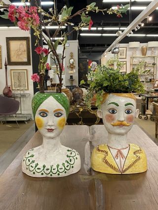 Rare Vintage Horchow Italy Hand Painted Head Bust Vase Pair Made In Italy