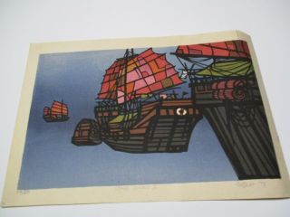 Rare Clifton Karhu Woodblock Print Hand Pencil Signed Junk Boats Modernism Japan