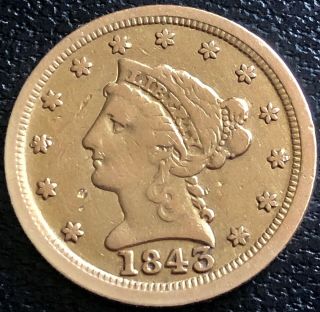 1843 C Quarter Eagle $2.  5 Gold Liberty Head Rare Date Charlotte Vf 20670