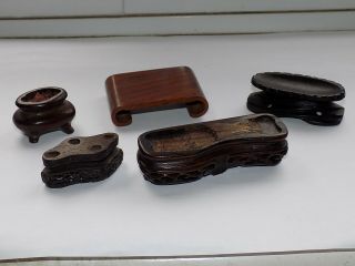 5 X Vintage Chinese Hand Carved Wooden Small Figure Stands Largest 7 Cm Long