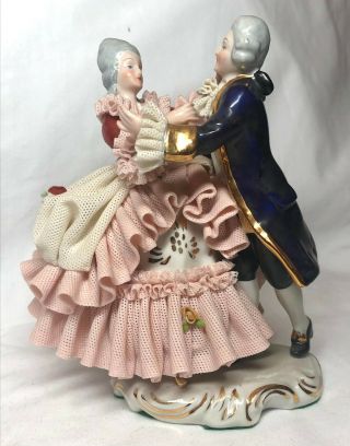 Dresden Lace Figurine Lady & Man Dancing - Pink & White