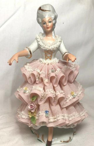 Dresden Lace Figurine Lady Walking Arms Outstretched Germany - Pink & White