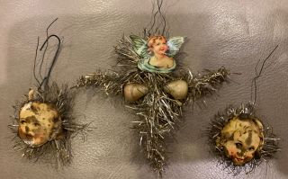 3 Antique Victorian Hand Made Feather Tree Christmas Ornaments Die Cut,  Tinsel