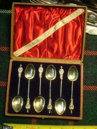 Set Of 6 Antique 1899 4 " Spoons Boxed Sterling Silver Soldiers Of The Queen 38g
