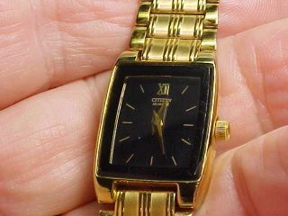 All Gold Plated Ladies Citizen Wrist Watch Rectangular Case Black Dial 5920