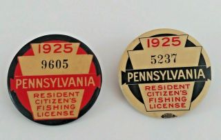 Rare 2 Colors Vintage 1925 Pa Pennsylvania Resident Fishing License Button Pins