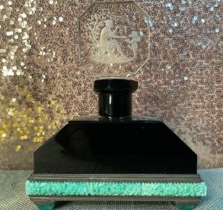 Rare Czech Hoffman Art Deco Jeweled Perfume Bottle Black & Crystal