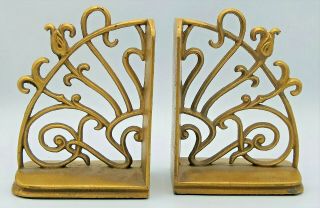 Vintage Pair Art Nouveau Brass Tone Cast Metal Floral Ornate Heavy Bookends