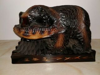 Antique Vintage Last Chance Japanese Bear With Fish Wooden Statue Okinawa