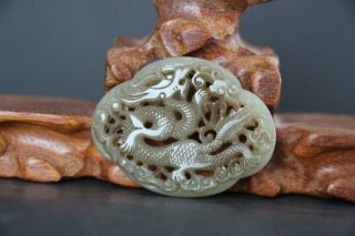 Chinese Antique Hetian Jade Hand Carved Dragon Plaque Pendant