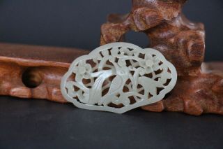 Chinese Antique Hetian Jade Hand Carved Flower Bird Plaque Pendant