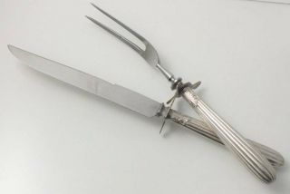 Sterling Silver Handle Serving Carving Meat Knife & Fork Set Ribbed Handle Vtg
