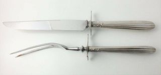 STERLING SILVER HANDLE SERVING CARVING MEAT KNIFE & FORK SET RIBBED HANDLE VTG 2
