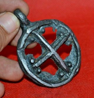 Rare Ancient Large Viking Amulet Silvered Cross Pendant - Circa - 10th Century