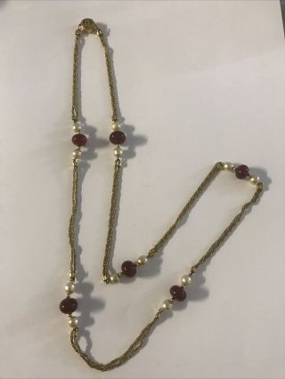 Vintage Rare Chanel Paris Gripoix Glass Red Faux Ruby Pearl Gold Necklace Chain