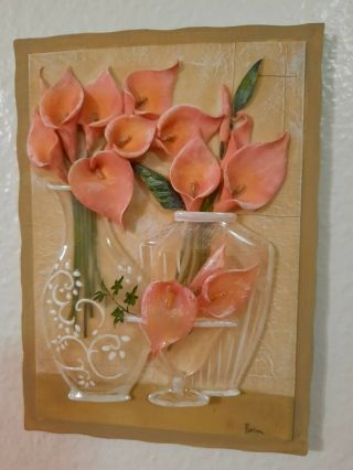 Set Of 2 Vintage 3 D Hand Made Flower Wall Art Hanging Plaques 4.  5 " X 6 1/4 "