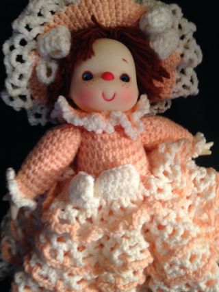 14 " Adorable Vintage Doll With Hand Crocheted Dress & Hat With Finished Bottom