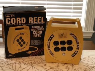 Rare Gsc Powermate Cord Reel - 6 Outlet Multi Use Self Storing Ext Cord 21 Feet