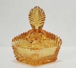 Vintage Art Deco Cut Crystal Amber Glass Lidded Glass Trinket Dresser Jar