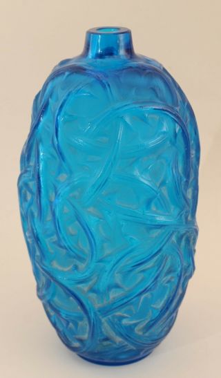 RARE Authentic Ronces Thornes Signed Rene Lalique Electric Blue Art Glass Vase 3