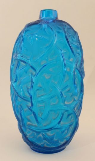 RARE Authentic Ronces Thornes Signed Rene Lalique Electric Blue Art Glass Vase 4