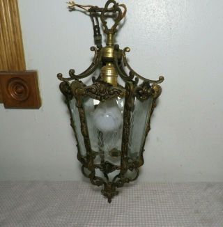 Vintage Antique Spanish Revival Hanging Brass Light Fixture W Glass Etched Panel