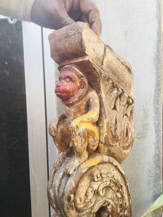 Antique Rare Wood Hand Carved Sitting Monkey Floral Figure Wall Panel 6