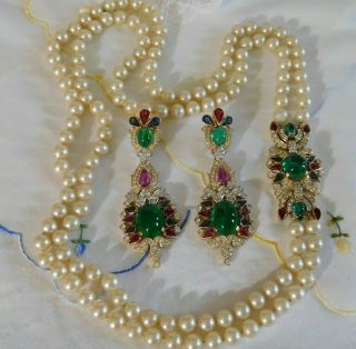 Trifari Alfred Philippe Jewels Of India Pearl Necklace And Earrings Rare Set