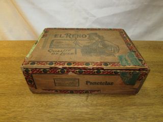 Vintage Wood Cigar Box El Reno Panetelas Rare Antique Tobacco Cigarette