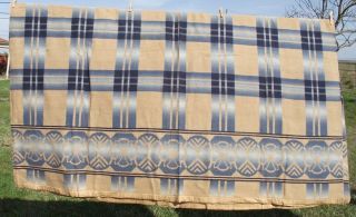 1920 - 30s Cotton/wool Blanket Doe Brown With Applied Blue Plaid Pattern 72 " X 78 "