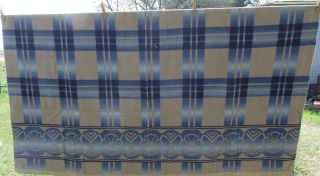 1920 - 30s Cotton/Wool Blanket Doe Brown with applied Blue Plaid Pattern 72 