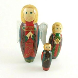 Christmas Angel Nesting Dolls Set Of 3 Vintage Painted Wings Holiday Colorful