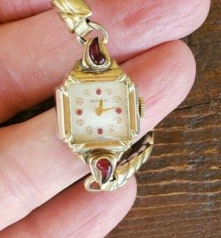 Vintage 12k Gp Ladies Benrus Wristwatch Diamonds And Rubies