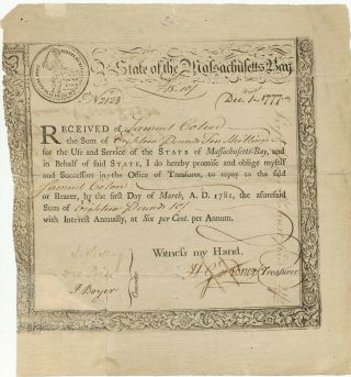 Rare State Of Massachusetts Bay State Treasury Certificate Dec.  1,  1777 18 Pounds