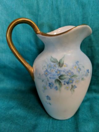 Hand - Painted Porcelain Pitcher With Forget - Me - Nots And Gold Trim