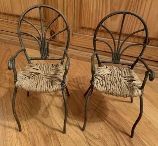 Vintage Pottery Barn Mini Wrought Iron Wicker Chairs Set Of 2 10 Inches Rare