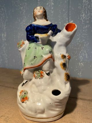 19thc Staffordshire Female Figurine With Bird & Cat,  Spill Vase C1880s