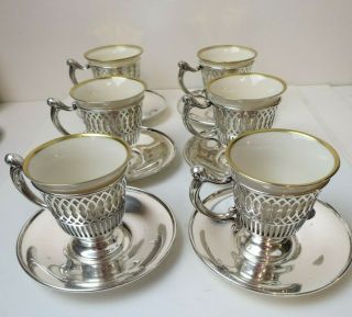 Lovely Rare Set 6 Tiffany & Co Sterling Silver Demitasse Cups & Saucers