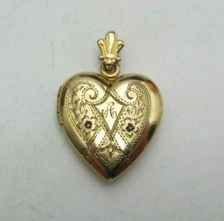 Antique 1/20 12k Gold Filled Hand Engraved Heart Locket Pendant Monogrammed A