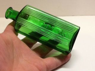 Antique 4 Oz.  Emerald Green Rectangular Poison Bottle.  5 1/8 Inches Tall.
