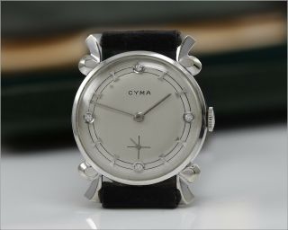 Rare Vintage Cyma Solid 14k White Gold Diamond Dial Fancy Lug Case Watch
